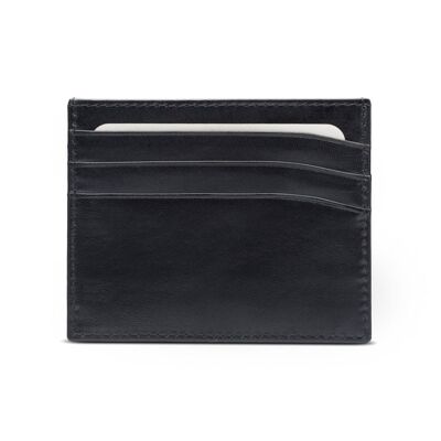 Leather Flat Credit Card Wallet 6 CC - Black - Black - Helvetica/gold