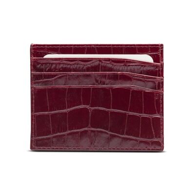 Leather Flat Credit Card Wallet 6 CC - Burgundy Croc - Burgundy croc - Helvetica/silver