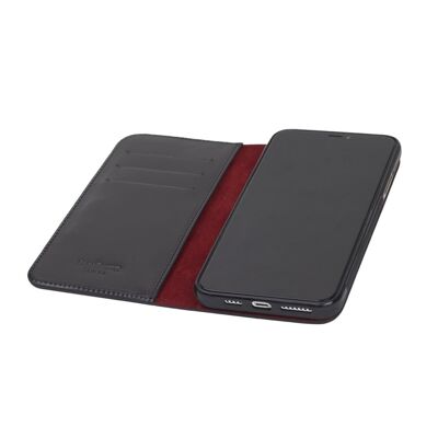 Leather iPhone 11 Pro Max Wallet Case - Black With Red - Black with red - Helvetica/silver
