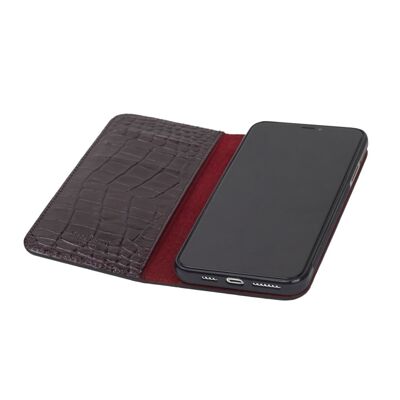 Leather iPhone 11 Pro Max Wallet Case - Burgundy Croc With Red - Burgundy croc with red - Helvetica/silver