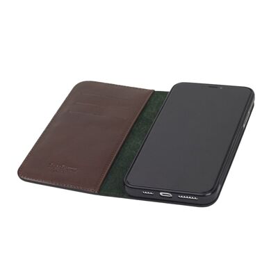 Leather iPhone 11 Pro Max Wallet Case - Dark Tan With Green - Dark tan with green - Helvetica/silver