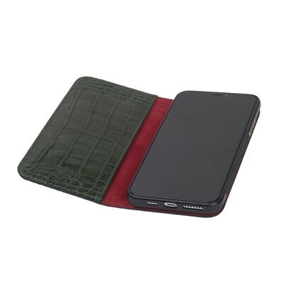 Leather iPhone 11 Pro Max Wallet Case - Green Croc With Red - Green croc with red - Helvetica/silver