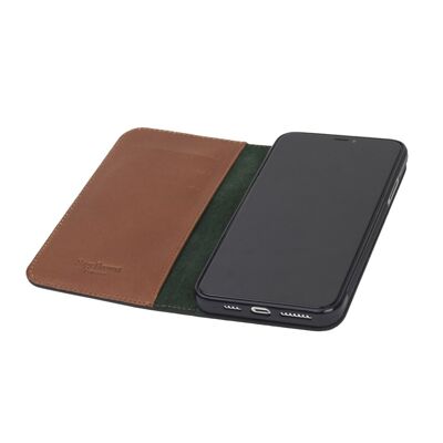 Leather iPhone 11 Pro Max Wallet Case - Havana Tan With Green - Havana tan with green - Helvetica/silver