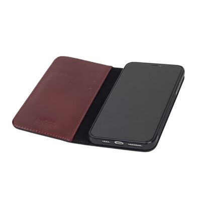 Leather iPhone 11 Pro Max Wallet Case - Red With Black - Red with black - Helvetica/silver