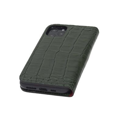 Leather iPhone 11 Pro Wallet Case - Green Croc With Red - Green croc with red - Helvetica/silver