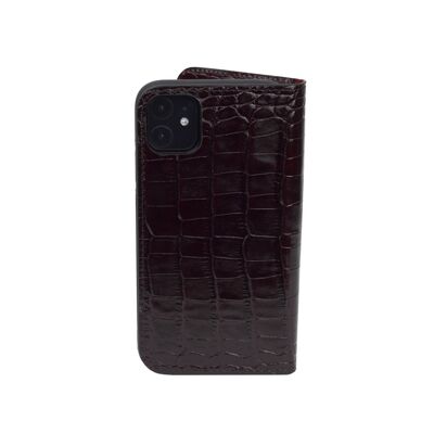 Leather iPhone 11 Wallet Case - Burgundy Croc With Red - Burgundy croc with red - Helvetica/ blind