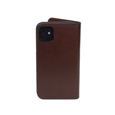 Leather iPhone 11 Wallet Case - Dark Tan With Green - Dark tan with green - Helvetica/silver