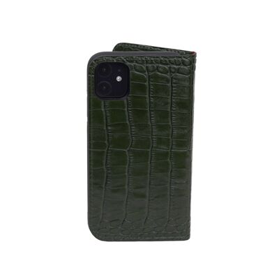 Leather iPhone 11 Wallet Case - Green Croc With Red - Green croc with red - Helvetica/gold