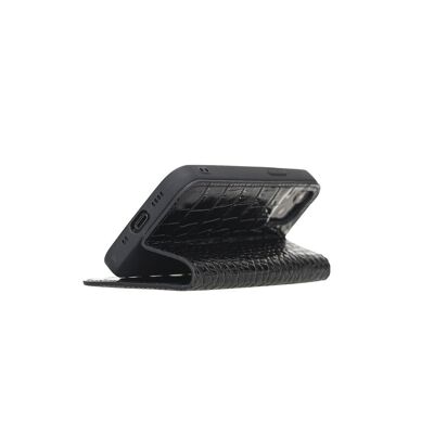 Leather iPhone 12 Mini Wallet Case - Black Croc With Cobalt - Black croc with cobalt - Helvetica/gold