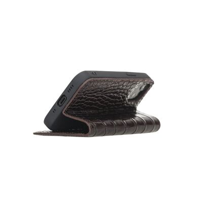 Leather iPhone 12 Mini Wallet Case - Brown Croc With Red - Brown croc with red - Helvetica/silver