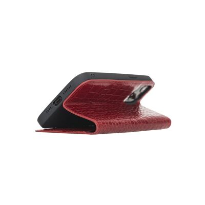 Leather iPhone 12 Mini Wallet Case - Red Croc With Black - Red croc with black - Helvetica/ blind