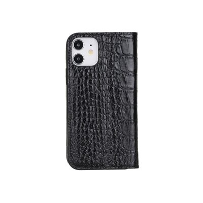 Leather iPhone 12 Or 12 Pro Wallet Case - Black Croc With Cobalt - Black croc with cobalt - Helvetica/silver