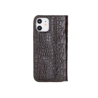 Leather iPhone 12 Or 12 Pro Wallet Case - Brown Croc With Red - Brown croc with red - Helvetica/silver
