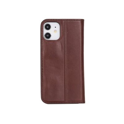 Leather iPhone 12 Or 12 Pro Wallet Case - Dark Tan With Green - Dark tan with green - Helvetica/silver