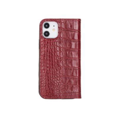Leather iPhone 12 Or 12 Pro Wallet Case - Red Croc With Black - Red croc with black - Helvetica/silver