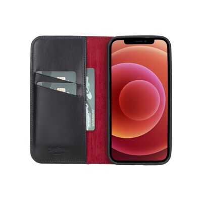 Leather iPhone 12 Pro Max Wallet Case - Black With Red - Black with red - Helvetica/gold