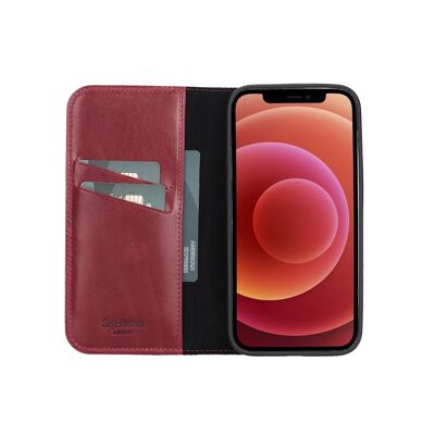 Leather iPhone 12 Pro Max Wallet Case - Red With Black - Red with black - Helvetica/silver