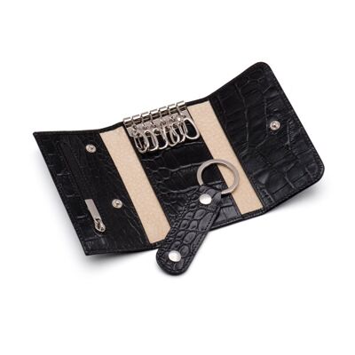 Leather Key Ring Wallet With Detachable Fob - Black Croc - Black croc - Helvetica/gold