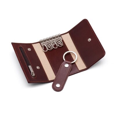 Leather Key Ring Wallet With Detachable Fob - Dark Tan - Dark tan - Helvetica/silver