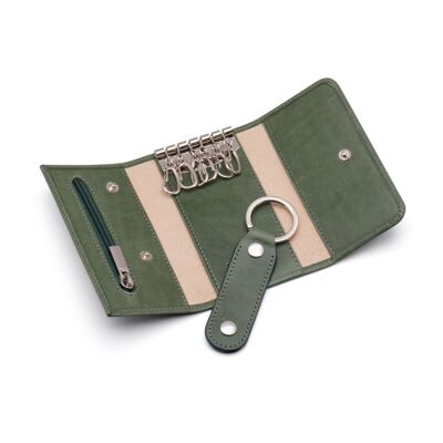 Leather Key Ring Wallet With Detachable Fob - Green - Green - Helvetica/silver