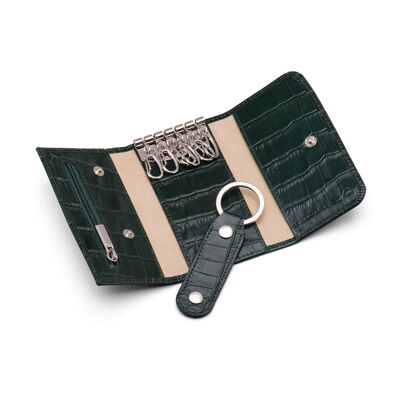 Leather Key Ring Wallet With Detachable Fob - Green Croc - Green croc - Helvetica/silver