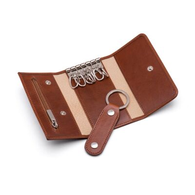 Leather Key Ring Wallet With Detachable Fob - Havana Tan - Havana tan - Helvetica/silver