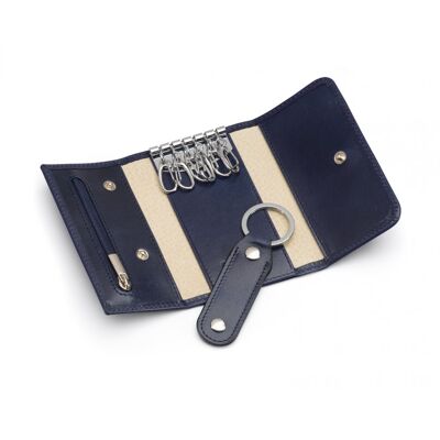 Leather Key Ring Wallet With Detachable Fob - Navy - Navy - Helvetica/silver