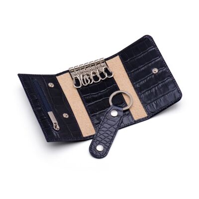 Leather Key Ring Wallet With Detachable Fob - Navy Croc - Navy croc - Helvetica/silver
