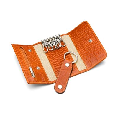 Leather Key Ring Wallet With Detachable Fob - Orange Croc - Orange croc - Helvetica/silver