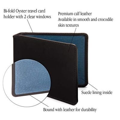 Leather Oyster Travel Card Holder - Black With Cobalt - Black with cobalt - Helvetica/silver