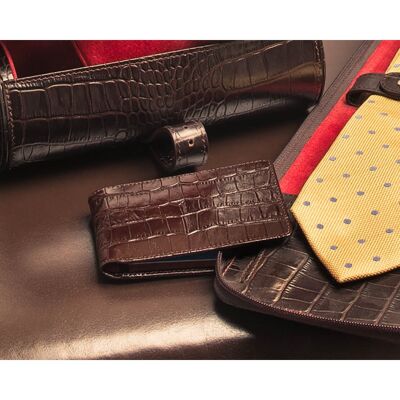 Leather Oyster Travel Card Holder - Brown Croc With Red - Brown croc with red - Helvetica/gold