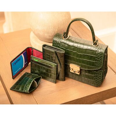 Leather Oyster Travel Card Holder - Green Croc With Red - Green croc with red - Helvetica/ blind