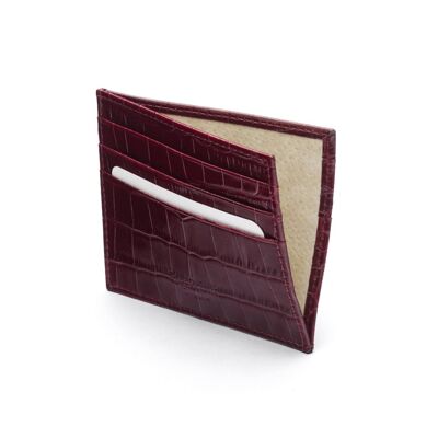 Leather Side Opening Flat Card Wallet - Burgundy Croc - Burgundy croc - Helvetica/silver
