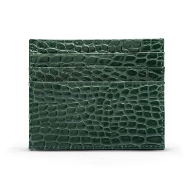 Leather Side Opening Flat Card Wallet - Green Croc - Green croc - Helvetica/gold