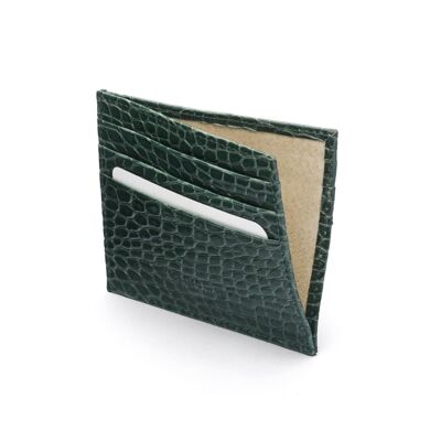 Leather Side Opening Flat Card Wallet - Green Croc - Green croc - Helvetica/ blind