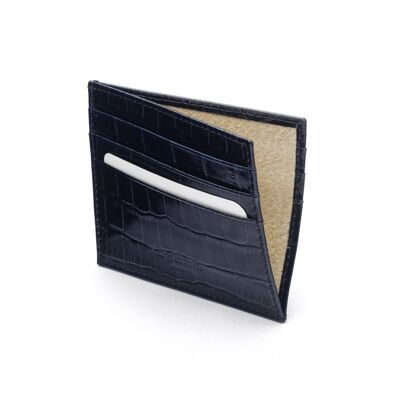 Leather Side Opening Flat Card Wallet - Navy Croc - Navy croc - Helvetica/silver
