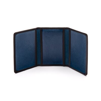 Leather Tri-Fold Travel Card Holder - Black With Cobalt - Black with cobalt - Helvetica/silver