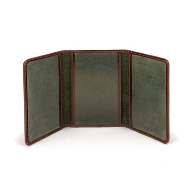 Leather Tri-Fold Travel Card Holder - Brown With Green - Brown with green - Helvetica/silver