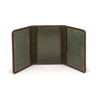 Leather Tri-Fold Travel Card Holder - Brown With Green - Brown with green - Helvetica/ blind