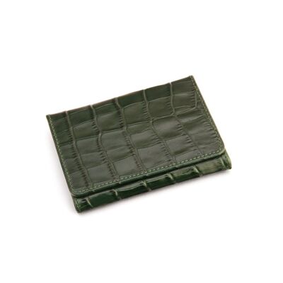 Leather Tri-Fold Travel Card Holder - Green Croc With Red - Green croc with red - Helvetica/ blind