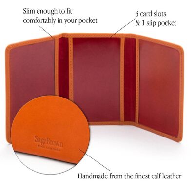 Leather Tri-Fold Travel Card Holder - Orange With Red - Orange with red - Helvetica/gold
