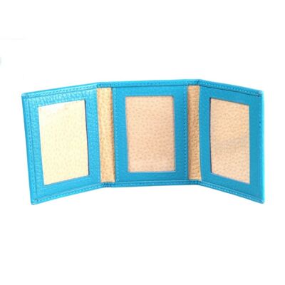 Leather Trifold Mini Triple Passport Photo Frame 60 x 40mm - Cornflower Blue - Cornflower blue - Helvetica/silver