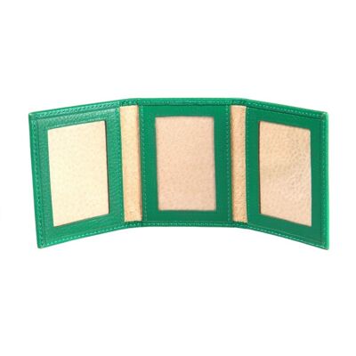 Leather Trifold Mini Triple Passport Photo Frame 60 x 40mm - Emerald Green - Emerald green - Helvetica/silver