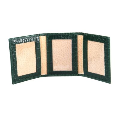 Leather Trifold Mini Triple Passport Photo Frame 60 x 40mm - Green Croc - Green croc - Helvetica/silver