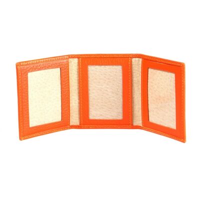 Leather Trifold Mini Triple Passport Photo Frame 60 x 40mm - Orange - Orange - Helvetica/silver