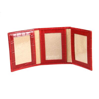 Leather Trifold Mini Triple Passport Photo Frame 60 x 40mm - Red Croc - Red croc - Helvetica/gold