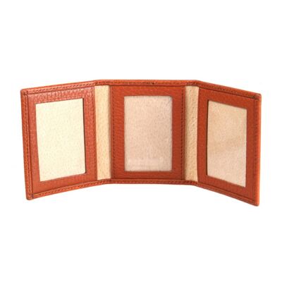 Leather Trifold Mini Triple Passport Photo Frame 60 x 40mm - Tan - Tan - Helvetica/gold