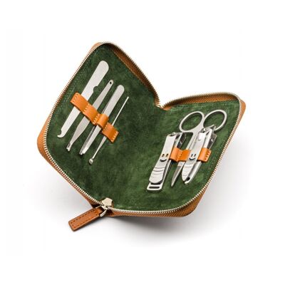 Leather Zip Around 7 Pc Manicure Set - Havana Tan - Havana tan - Helvetica/silver