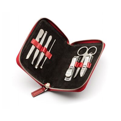 Leather Zip Around 7 Pc Manicure Set - Red - Red - Helvetica/silver