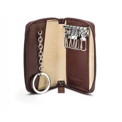Leather Zip Around Key Ring Holder - Brown - Brown - Helvetica/silver